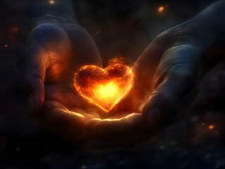 Flames of passion glow within hands symbolizing love, hope, and compassion in a darkened space