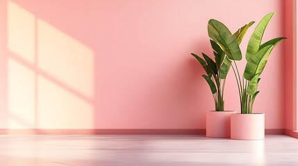 Fototapeta premium Pink room, plants, sunlight, minimal decor, home