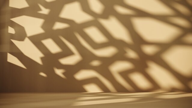 3d render elegant shadow pattern cast by Islamic geometric decor. Soft, warm sunlight highlights intricate lattice design. Perfect for cultural, architectural, and minimalistic themes.