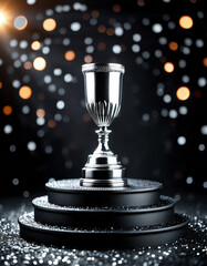 product display background podium, Background black podium stage silver award glitter light platform product silver pedestal, confetti celebration, anniversary concept, ad, podium platform