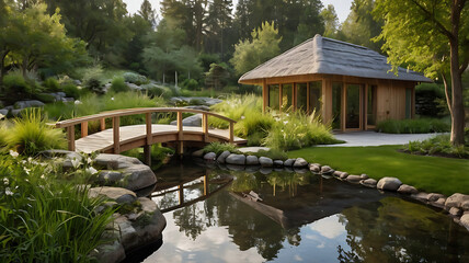 Obraz premium Realistic Garden with Traditional Architecture and Serene Landscape