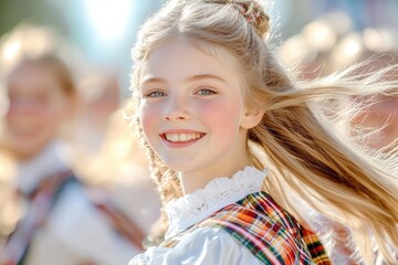 Fototapeta premium Joyful parade of irish dancers in traditional attire celebrating cultural heritage