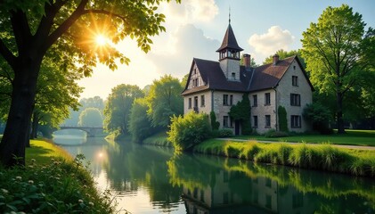 Regenbogen ?ber einem alten Backsteingeb?ude mit S?ulenvorhaus, Sonnenlicht, Landschaft