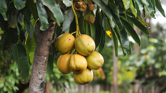 Marang fruit hanging from a tree.