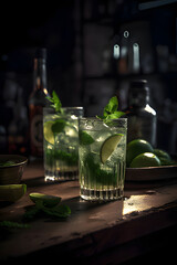 Refreshing mojitos prepared with fresh mint and lime in a dimly lit bar setting. Generative AI