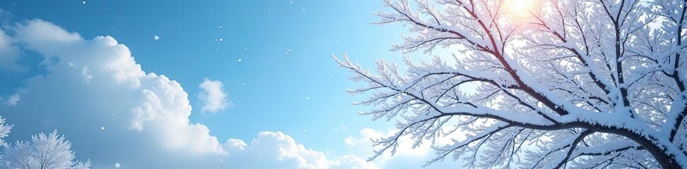 Snow-covered branches stretching towards the sky like a frosted canopy, serene, icy