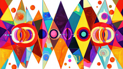 Obraz premium Colorful abstract geometric shapes create vibrant grid pattern with circular elements, evoking sense of energy and creativity. This artwork features mix of bold colors and dynamic forms