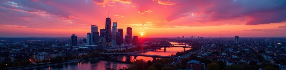 Fototapeta premium Vibrant sunset colors over Frankfurt's towers, vibrant, illumination, highrises