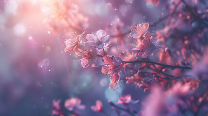 Delicate cherry blossoms in full bloom, set against a dreamy, softly lit background