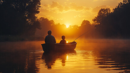 Father and Son Fishing at Sunrise in a Calm Lake