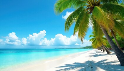 White sand beach, turquoise ocean, palm trees swaying gently, sky, caribbean, holiday