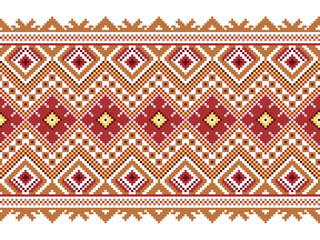 Vector illustration of seamless decorative fabric pattern of Ukrainian folklore. Ethnic ornamental motifs, border elements, traditional Ukrainian and Belarusian folk knitted umbrella patterns.
