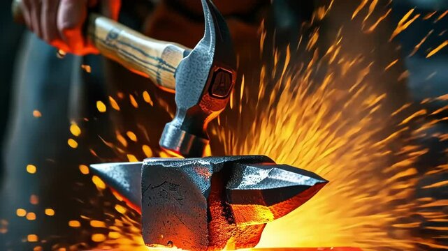 A blacksmith strikes an anvil, creating a shower of glowing sparks.