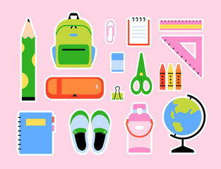 School supplies for children illustration stickers set. Flat vector design isolated stationery clip art collection. 