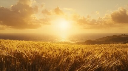 Obraz premium Golden wheat field sunset ocean view, idyllic rural landscape