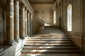 Sunlight streams through arched windows, casting shadows on a majestic staircase in a historical building, highlighting classical architecture