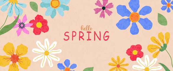 Cute Hello Spring card or horizontal poster for spring holidays with wildflowers, daisies, and tulips pattern. Hand drawn Floral art template for Easter,, birthday or Mothers Day decor