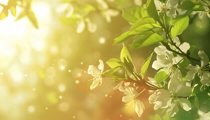 Obraz premium Delicate white flowers in sunlight with soft bokeh effect, creating a serene nature scene