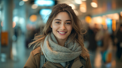 Obraz premium Smiling Woman Winter Fashion Portrait, Happy Casual Look for Travel Background Photography.