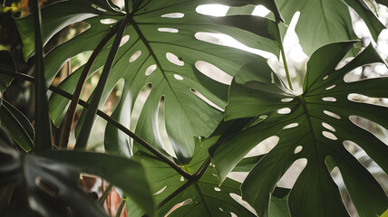 Monstera leaves framed by soft sunlight.