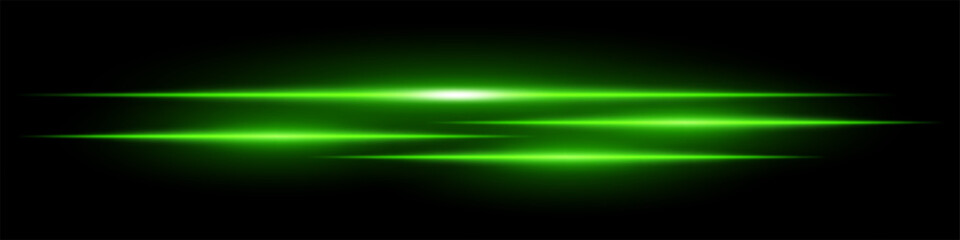 Green speed light streaks set. Glowing motion blur lines futuristic neon effect on a dark background. Sci-fi energy beams, cyberpunk style, high-tech speed trails, and digital acceleration visuals