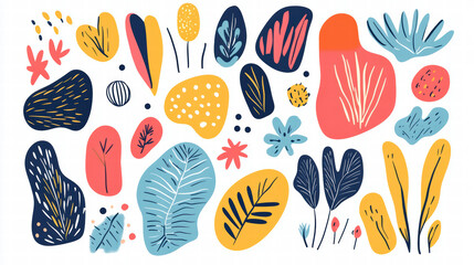 Colorful hand drawn doodle shapes filled with patterns, featuring vibrant leaves, flowers, and abstract forms. This playful design adds cheerful touch to any project