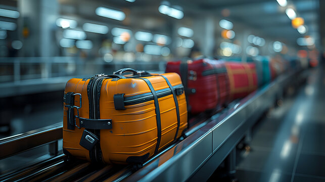 Airport Baggage Carousel Orange Suitcase with Modern Wheels, Plastic Handle for Travel Photography.