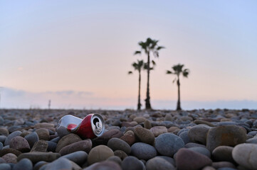 A discarded can lies on a pebble-strewn beach as the sun sets, casting vibrant colors across the sky. Tall palm trees sway gently in the evening breeze, symbolizing tropical serenity.