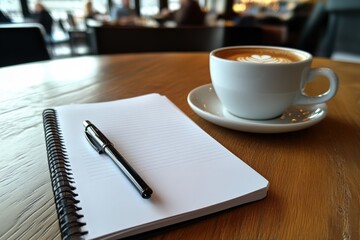 A cup of coffee, a blank notebook, and a pen are on a table