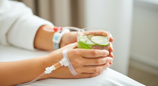 Person receiving iv therapy in hospital holding fresh lemon-lime water in relaxed setting