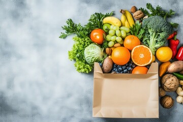 A bag filled with various fruits and vegetables on a white background
