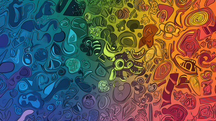 Colorful abstract doodle shapes create vibrant rainbow pattern, blending various forms and designs. This playful artwork evokes sense of joy and creativity