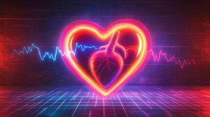 Glowing Neon Heart Symbol with EKG Line, Abstract Medical Background, Healthcare Concept