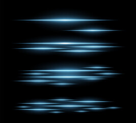 Futuristic blue light streaks set. Glowing horizontal laser beams with motion blur on a dark background. Sci-fi energy lines, cyberpunk style, digital speed effects, and modern technology aesthetics.