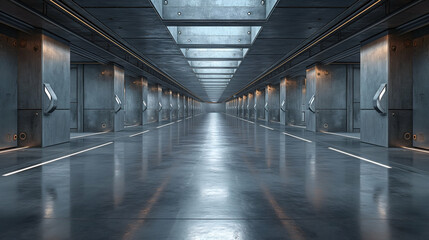 Fototapeta premium Futuristic Metal Corridor Grey Steel Walls, Long Perspective for Modern Architecture Design.