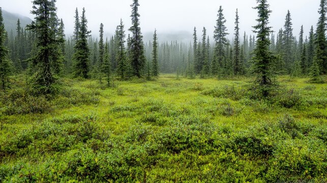 Misty boreal forest, green shrubs, calm weather, wilderness exploration