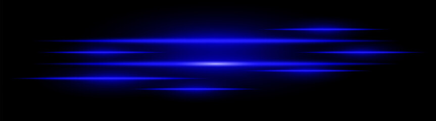 Multiple horizontal blue light beams glowing on black background. Abstract digital energy effect. Futuristic speed and technology concept for design and wallpaper