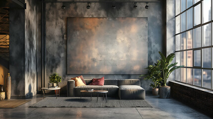 Modern Industrial Loft Apartment Grey Wall Living Room, Cozy Sofa for Stylish Home Decor.