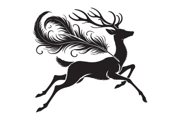 "Elegant Deer with Feathered Antlers Silhouette"