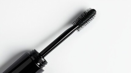 Classic black mascara tube with brush wand slightly extended, isolated on the white background
