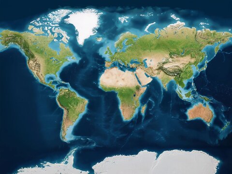 Fototapeta satellite-style map of the world. It depicts Earth's continents and oceans with realistic colors and topographical details.