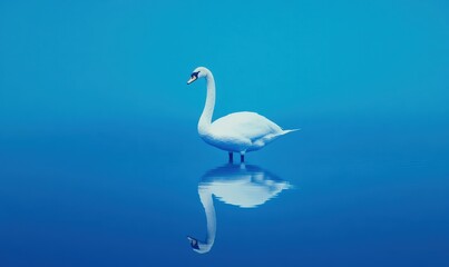 Obraz premium A beautiful white swan gracefully swims in the calm water on a blue background