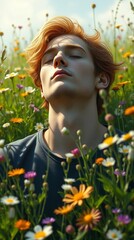 Naklejka premium person meditating in lotus position with eyes closed in a field of flowers, spring 