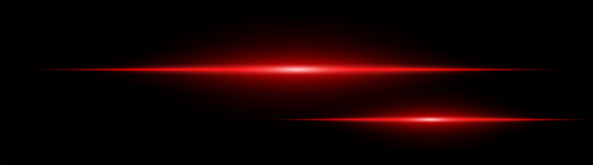 Two horizontal red light beams glowing on black background. Abstract digital energy effect. Futuristic technology and sci-fi concept for design and wallpaper