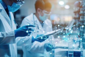 Collaborative pharmaceutical research, scientists sharing molecular data, samples in focus, copy space banner wallpaper