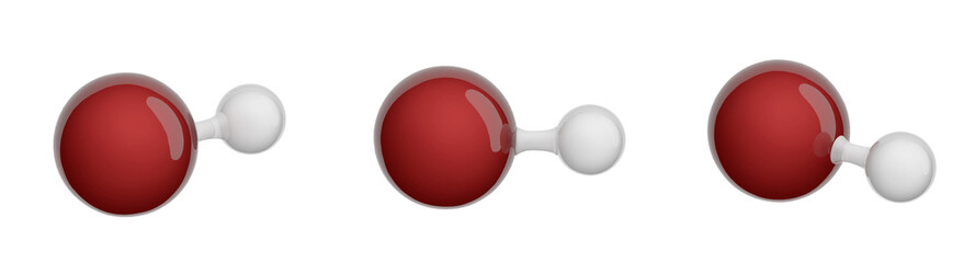 Molecule of Hydrogen bromide. Set of views. Molecular formula: HBr. Chemical model: Ball and stick. Isolated. White background. 3D illustration