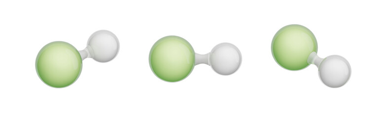 Molecule of Hydrogen Fluoride. Set of views. Molecular formula: HF. Chemical model: Ball and stick. Isolated. White background. 3D illustration