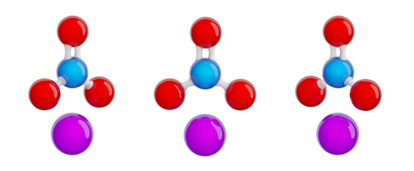 Molecule of potassium nitrate (saltpetre). Set of views. Molecular formula: KNO3. Chemical model: Ball and stick. Isolated. White background. 3D illustration