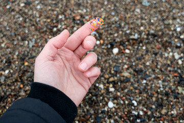 Hand with tiny microplastic particles on fingertip against sandy sea shore, cold and overcast...