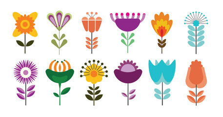 Set of colorful flowers on white background Flower icon Vector illustration Cute flat vector illustrations in bright colors for stickers, tags, labels. for fabric cushion motif
